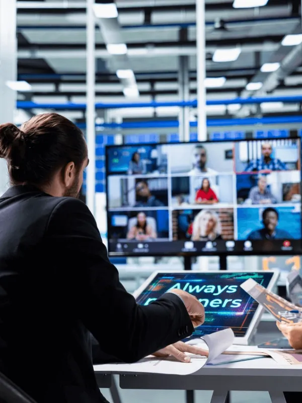 Person in a meeting room joining a video call shown as a grid of remote participants on a large display