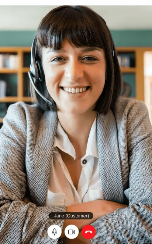 Contact center agent wearing a headset on a customer video call