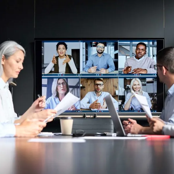 Video call under way in a corporate meeting room
